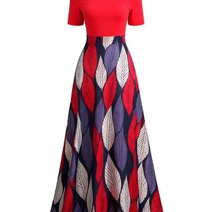 Red & Navy Leaf-Print Maxi Dress
